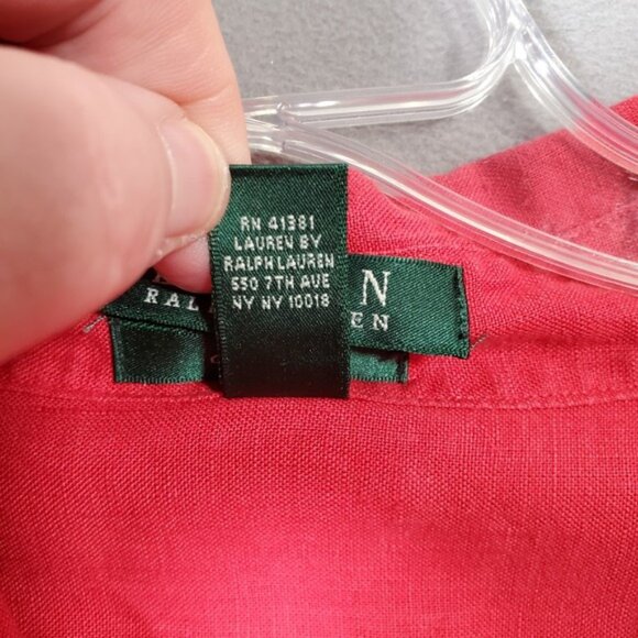 Lauren Ralph Lauren Top Womens 3X Red 100% Linen Button Roll Tab Sleeve Minimal - Picture 7 of 9